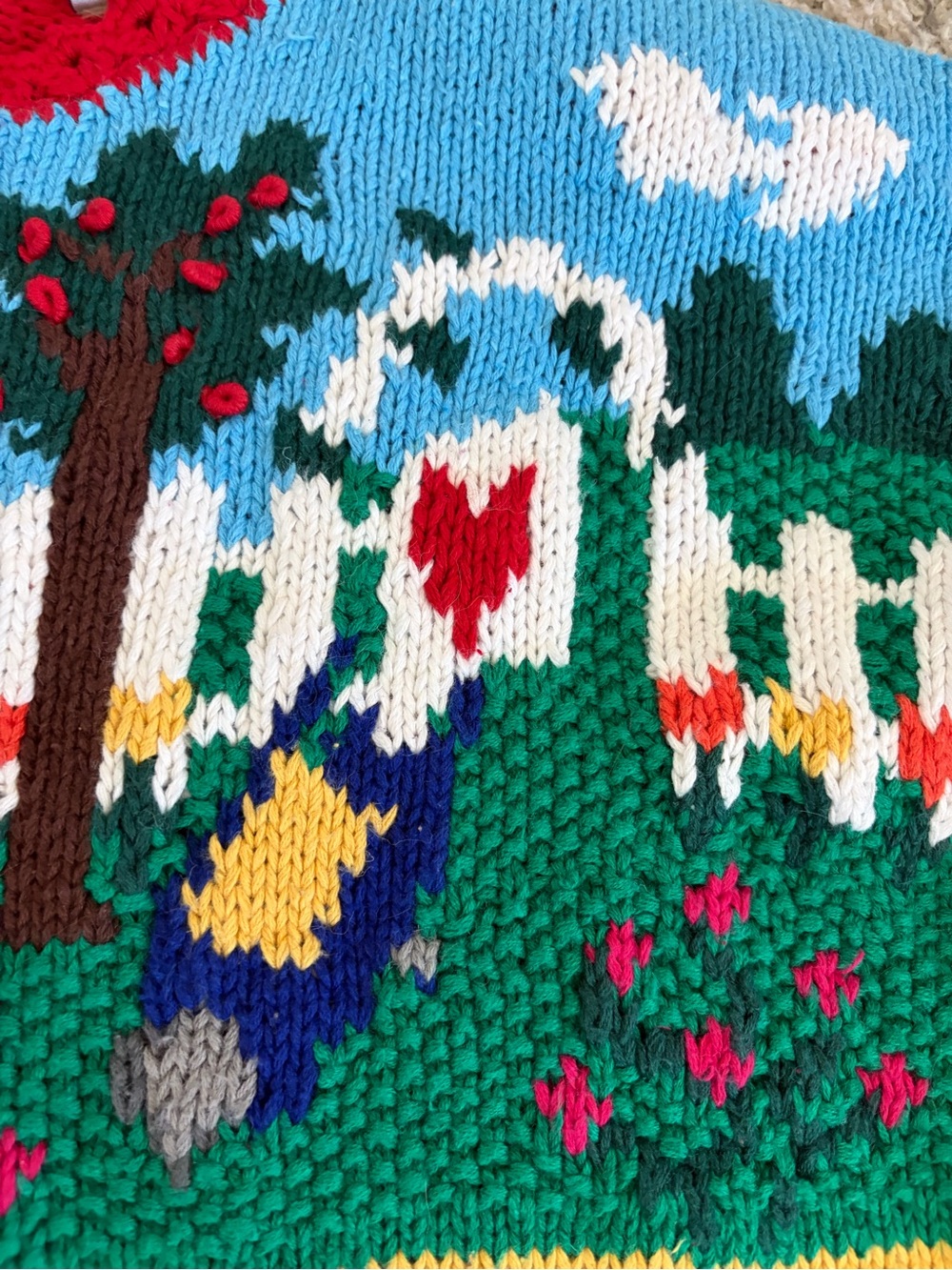 Vtg Karen Scott Hand Knit Sweater Spring Cardinal Bird Flowers Birdhouse Sz L - Picture 6 of 12